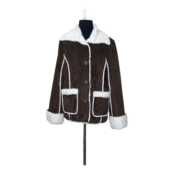 MiFresia Brown Suede White Sheerling Trim Button Jacket size M - Picture 11 of 14